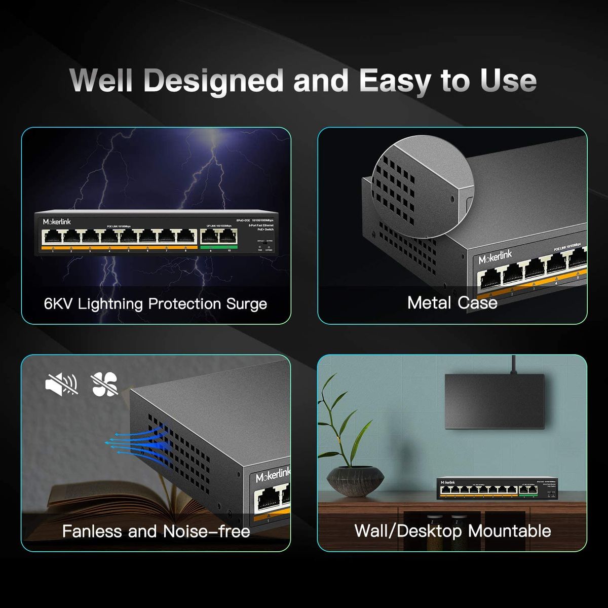 MokerLink 8 Port PoE Switch mit 2 Gigabit Uplink Port, PoE Plus 802.3af/at, 120W eingebauter Leistung, Erweiterung auf 250 Meter, Plug & Play aus Metall 8 PoE + 2 GE