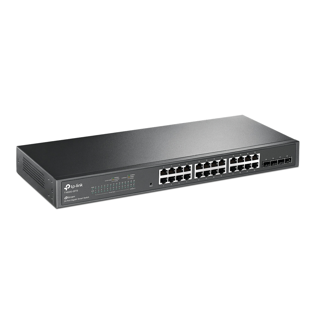 TP-Link T1600G-28TS(UN) V3.0 Managed L2/L2+ Gigabit Switch, 24x 10/100/1000 RJ45, 4x SFP, 1U, Schwarz, EU Plug