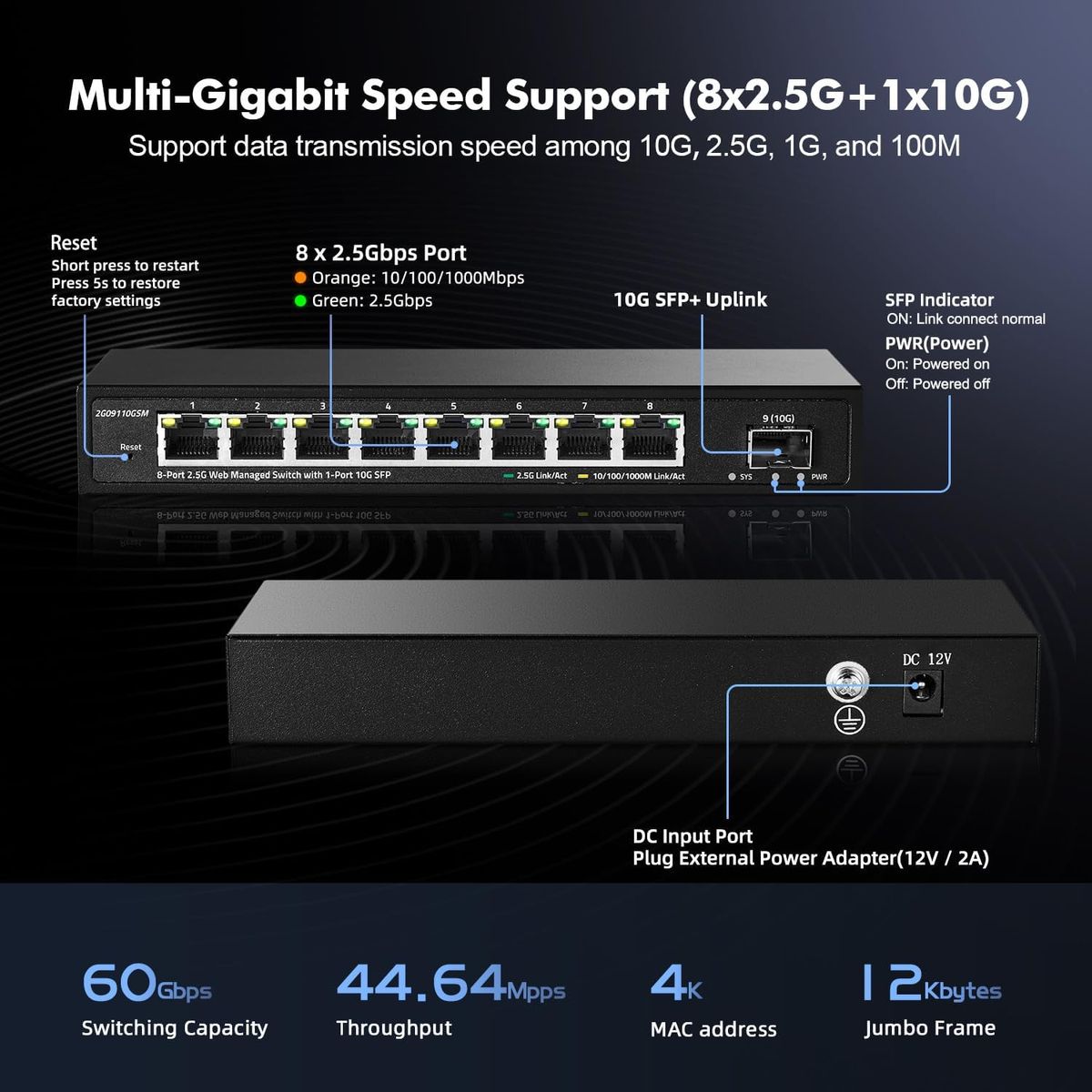 YuLinca 2G09110GSM 8x2,5G +1x10G SFP+ Managed Switch, LACP/QoS/VLAN, lüfterloses Metallgehäuse, Web-GUI, EU