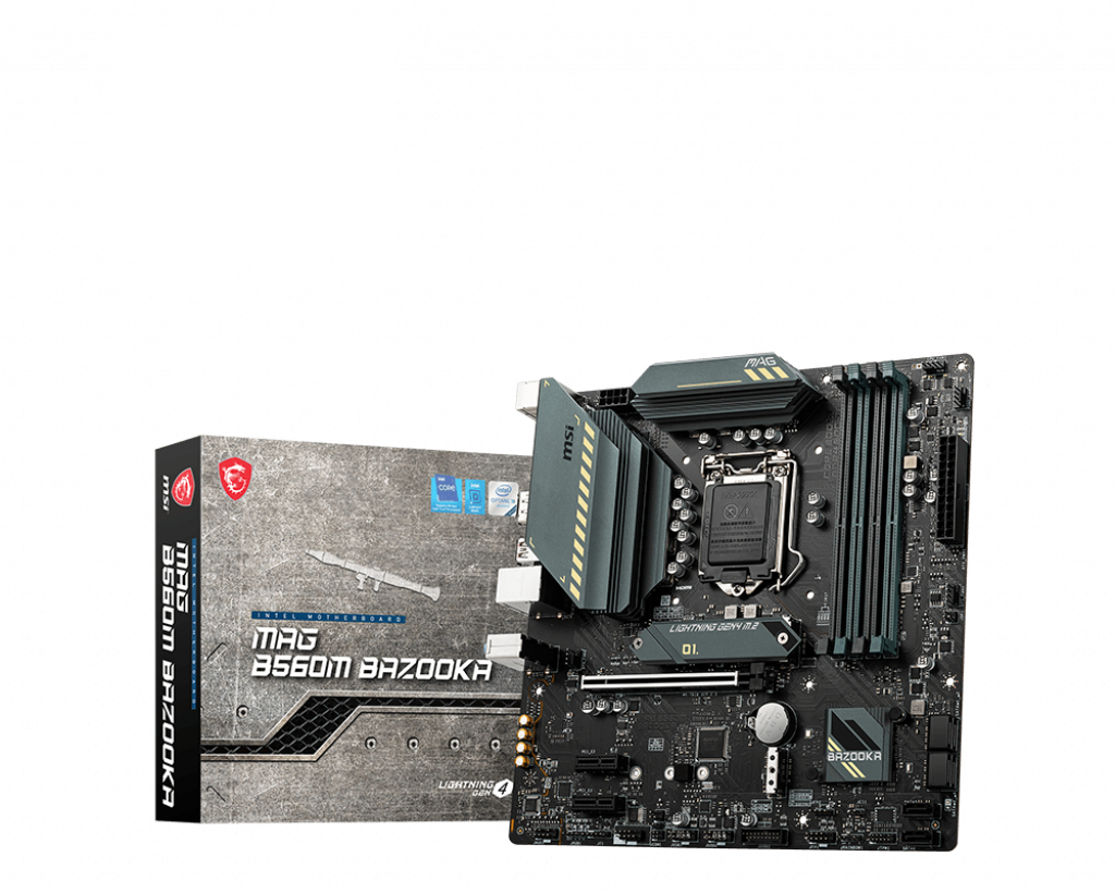 MSI MAG B560M BAZOOKA Gaming Mainboard M-ATX, unterstützt Intel Core Prozessoren der 11. Generation, LGA 1200, DDR4 Boost (5066MHz/OC), 1 x PCIe 4.0 x16, 2 x M.2 Gen4/3, 2.5G LAN M-ATX MAG B560M BAZOOKA