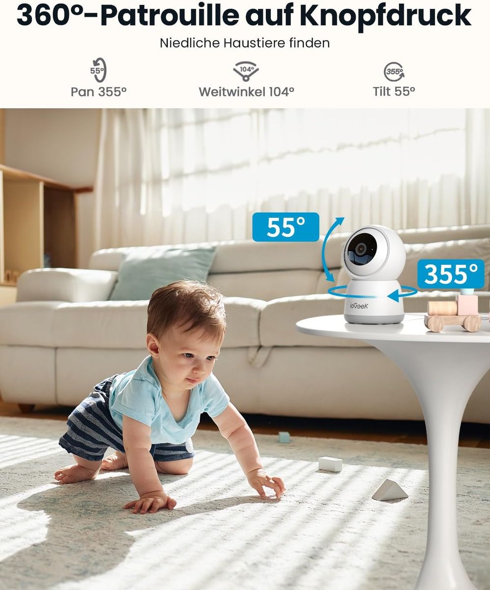 ieGeek SC1 2K 3MP Indoor Überwachungskamera, 360° PTZ, Dual-Band WLAN, Zwei-Wege-Audio, PIR Bewegungserkennung, Auto-Tracking, 15 m Nachtsicht, Alexa, EU Stecker