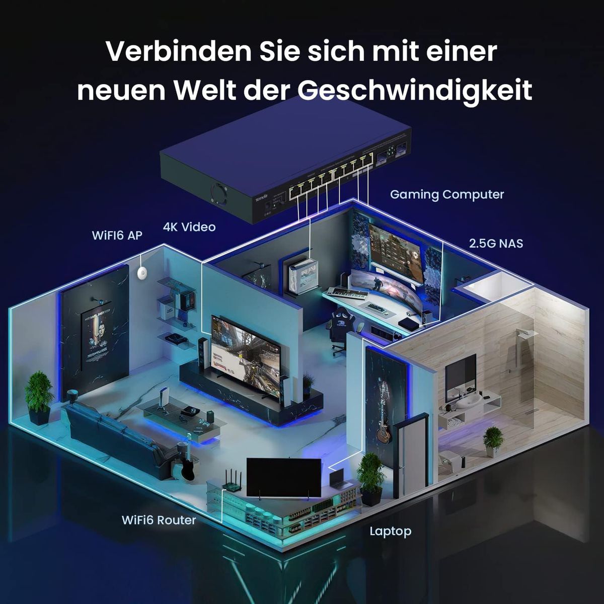 Tenda Switch 8 Port 2.5 Gigabit LAN Switch mit 2 SFP-Ports (VLAN, Statische Aggregation, Unmanaged, Plug-and-Play, Desktop-/Wandmontage, Metallgehäuse) (TEM2010F)
