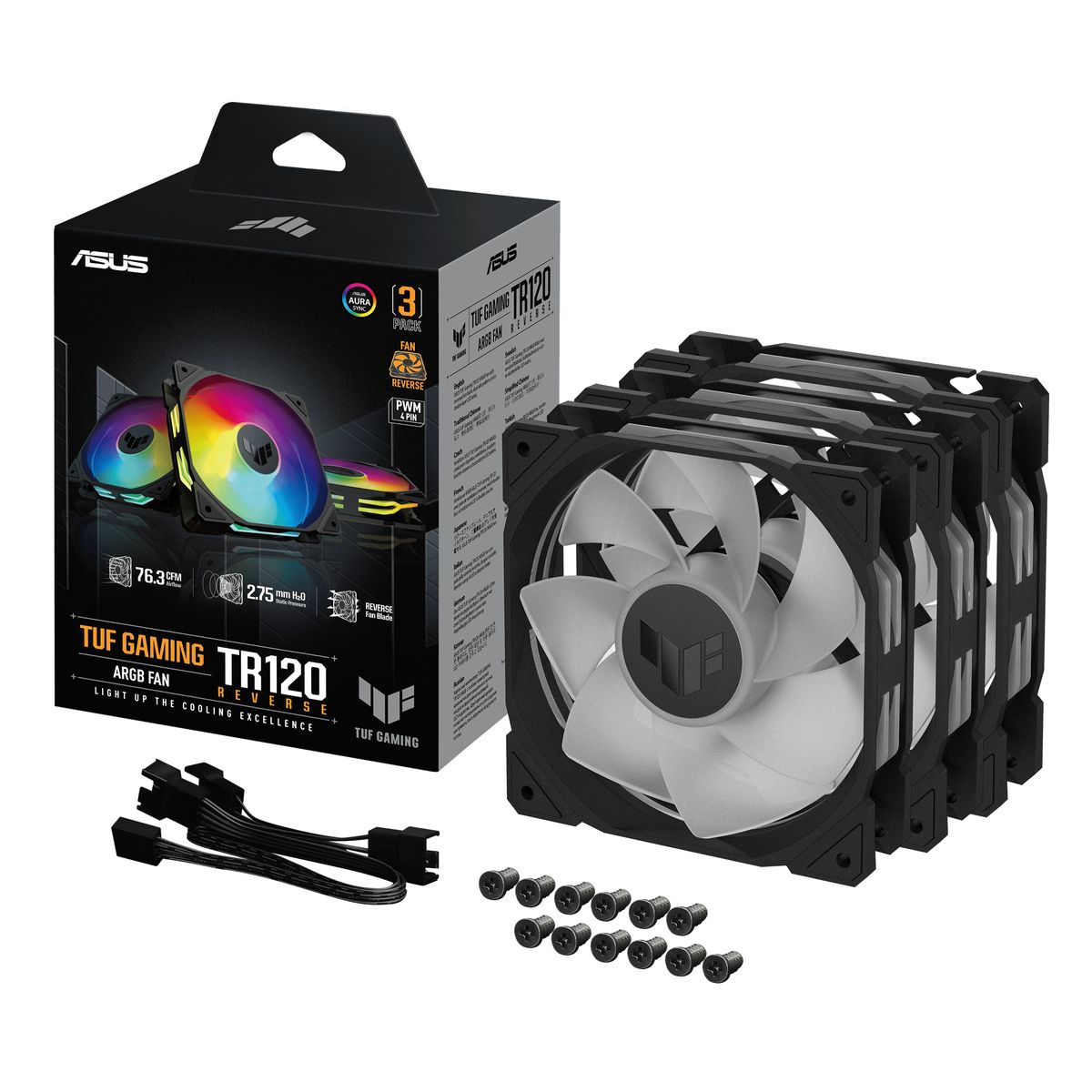 ASUS TUF Gaming TR120 ARGB Reverse Blade Triple Pack Gehäuselüfter, 3x 120 mm, PWM, Hydrauliklager, ARGB, Schwarz