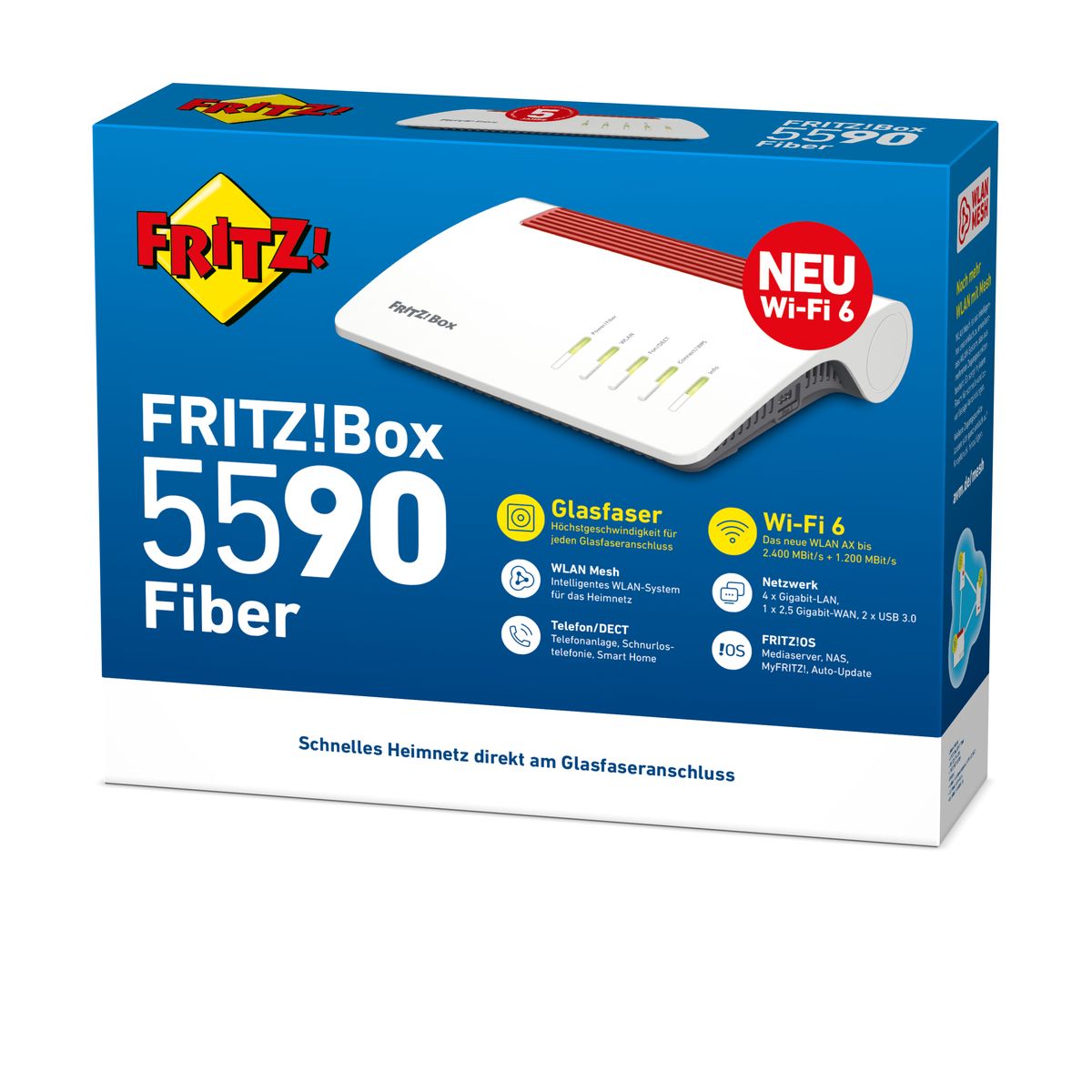 AVM FRITZ!Box 5590 Fiber Wi-Fi 6 Glasfasermodem WLAN AX bis 2.400 MBit/s 5 GHz 1.200 MBit/s 2,4 GHz WLAN Mesh DECT-Basis 2,5-Gigabit-Port geeignet für Deutschland Router Single