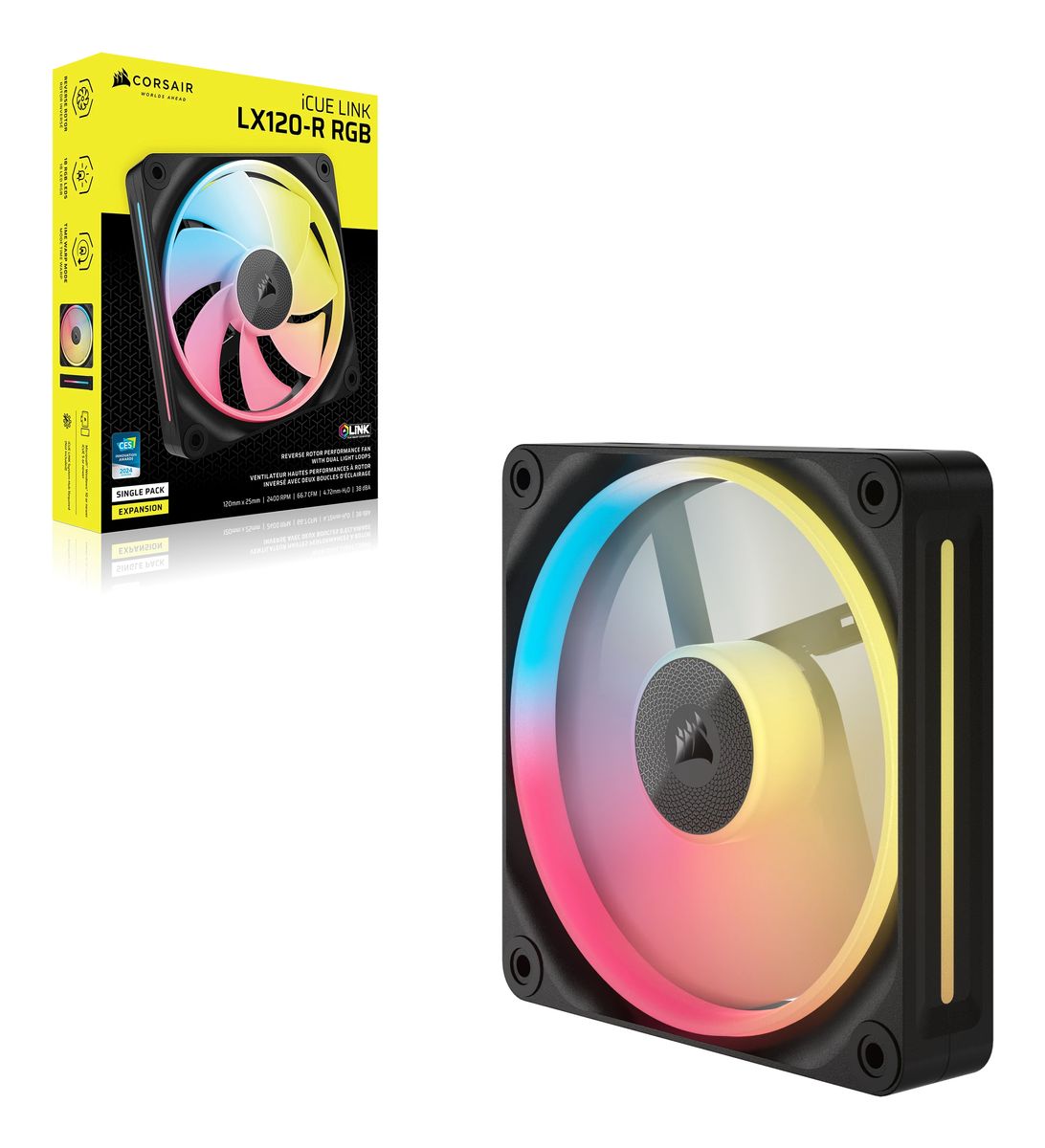 Corsair iCUE LINK LX120-R RGB 120 mm Gehäuselüfter, PWM, 2400 RPM, 70 CFM, 3,8 mmH2O, 35,1 dB, Schwarz, 1 Stück