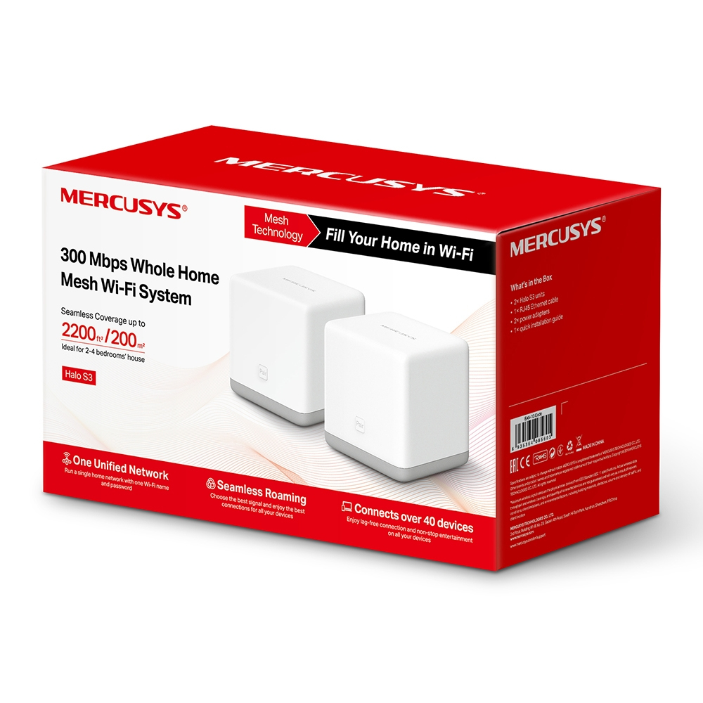 Mercusys Halo S3(2-Pack) 300Mbps Whole Home Mesh Wi-Fi System (Wi-Fi Router/Extender/Booster für nahtloses Netzwerk, bis zu 2.200 sq feet Abdeckung, Kindersicherung)