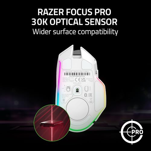 Razer Basilisk V3 Pro White Edition Kabellose Ergonomische Gaming-Maus, 30.000 DPI, HyperScroll neigbares Rad, 13-Zonen-Chroma RGB, Mercury