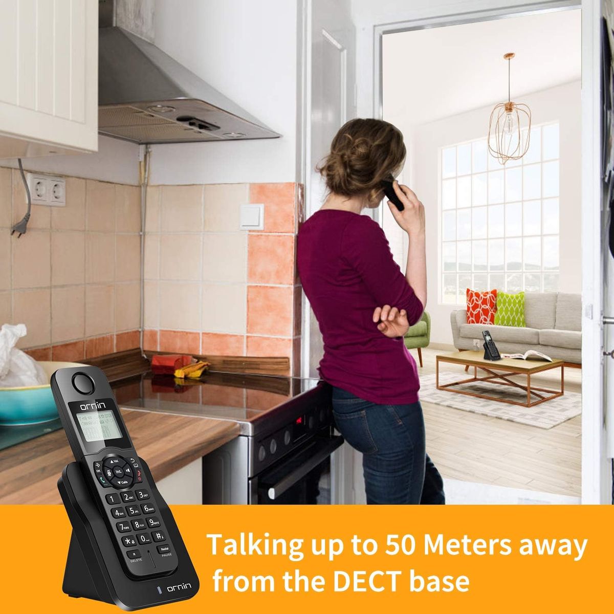 Ornin D1005 Schnurloses Telefon zu Hause, ECO-Technologie, Gummiöleinspritzung (Einzelpackung) Single Pack Schwarz