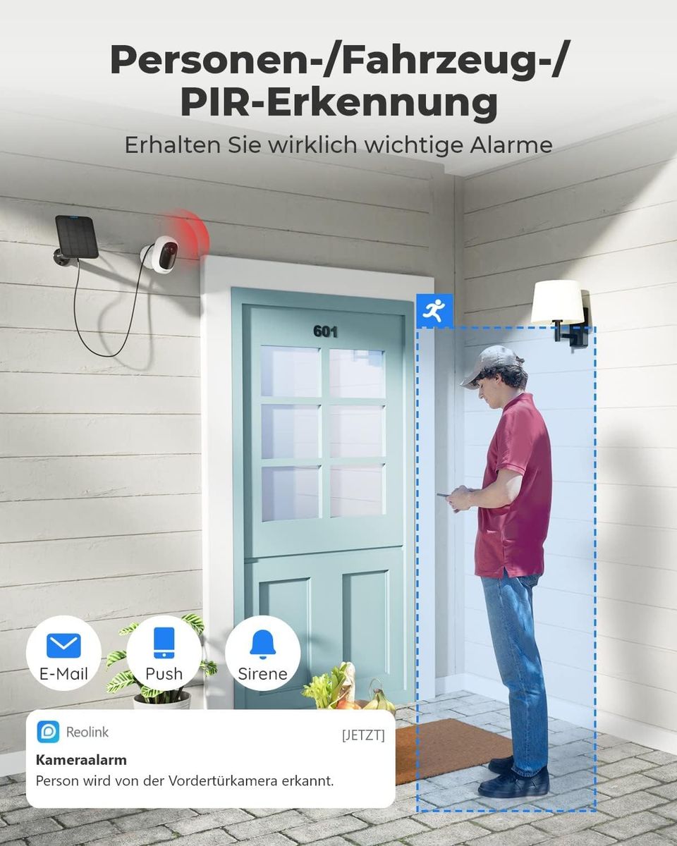 Reolink Solar Überwachungskamera Aussen Akku, Standalone, 2K 3MP HD, Kabellose WLAN Kamera Outdoor mit Person/Fahrzeugerkennung, 2,4GHz WiFi, Alarmfilterung, Keine Monatsgebühr, Argus 2E+Solarpanel