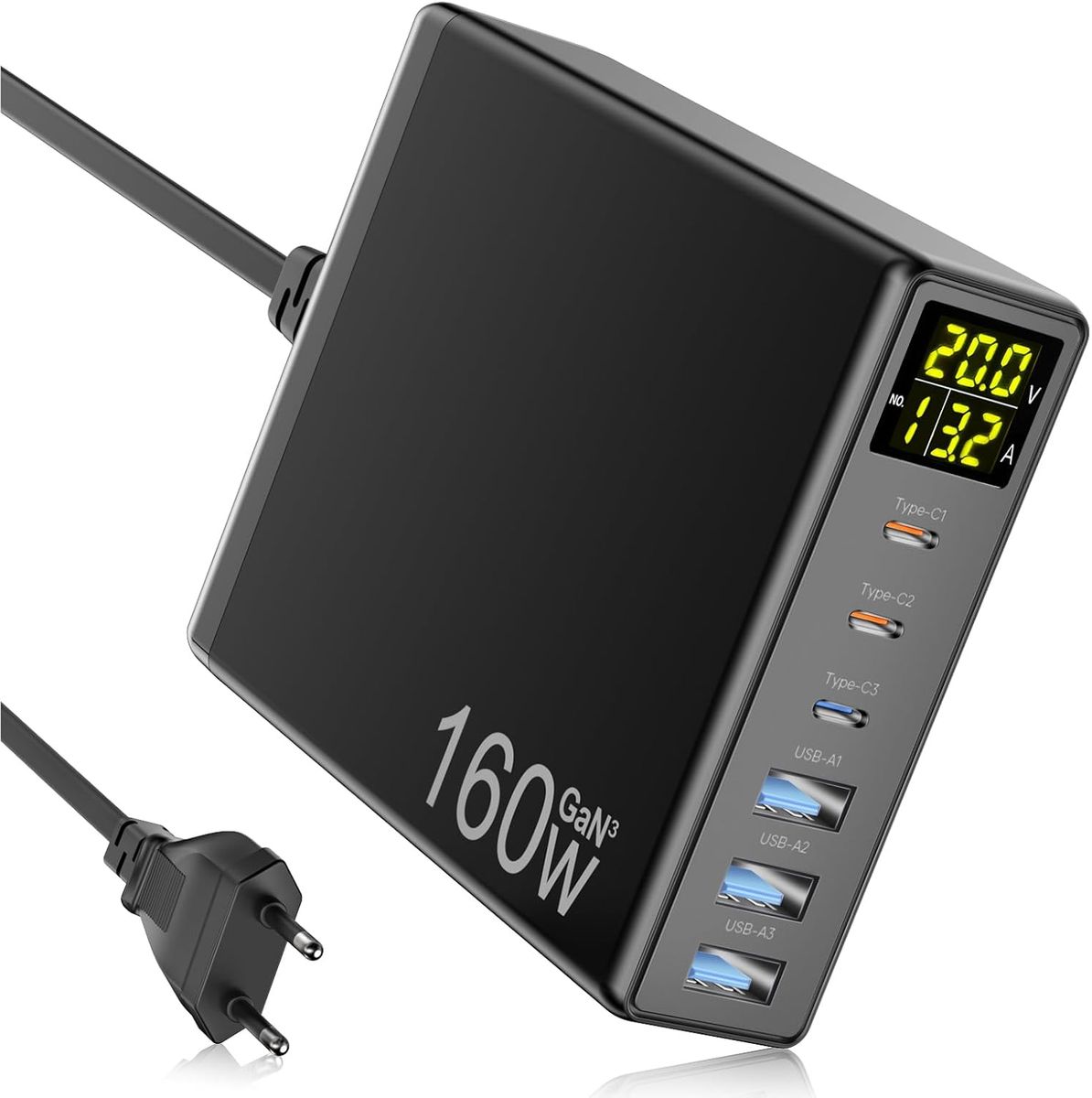 Ganquick i19 160W GaN 6‑Port Ladegerät, 3x USB‑C, 3x USB‑A, LED‑Anzeige, PPS PD 3.0, EU Stecker