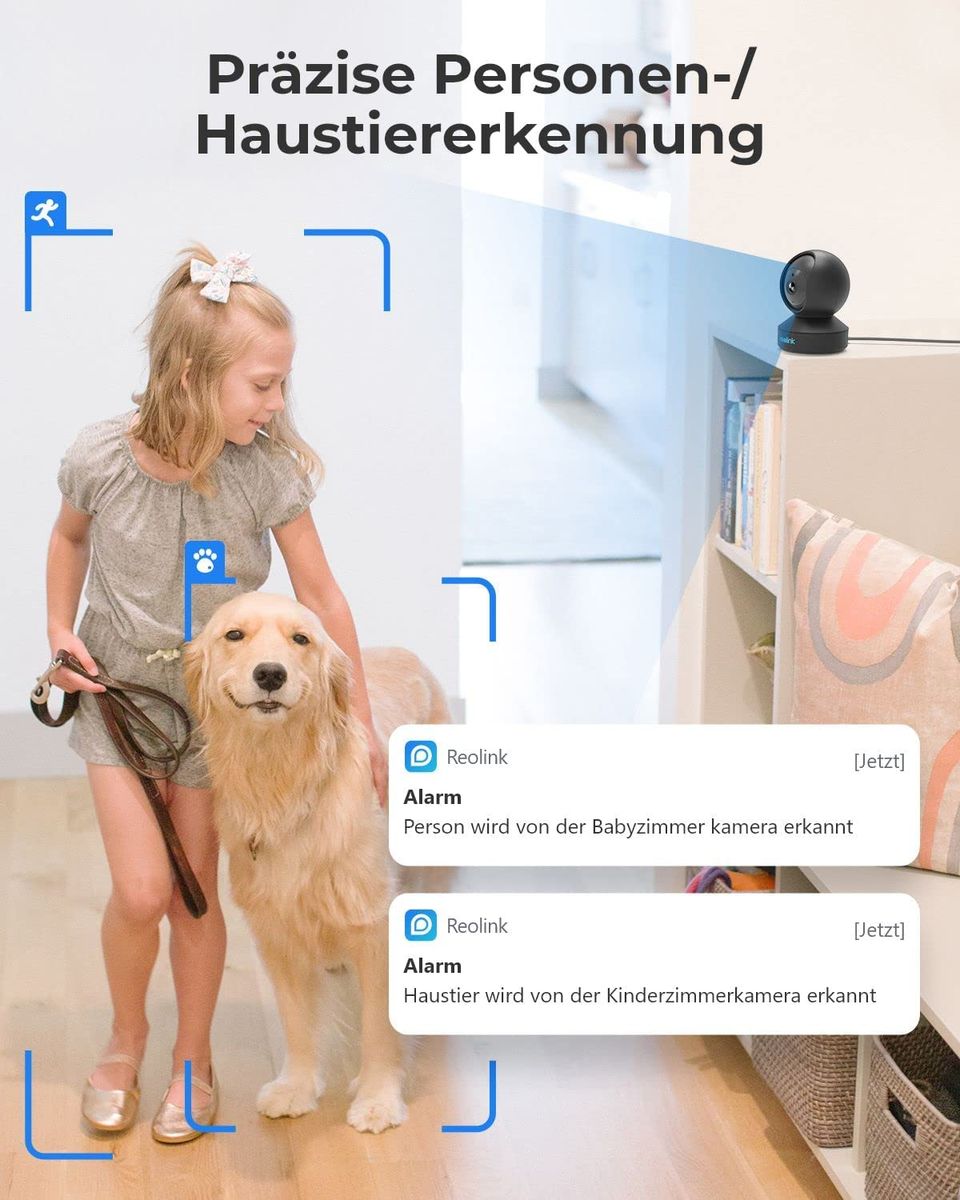 Reolink WLAN Überwachungskamera Innen 4MP, Schwenkbare IP-Kamera Indoor mit Auto-Tracking, Personen-/Haustiererkennung, 2,4/5GHz WiFi, 2-Wege-Audio, IR-Nachtsicht, SD-Kartenslot, E1 Pro Schwarz