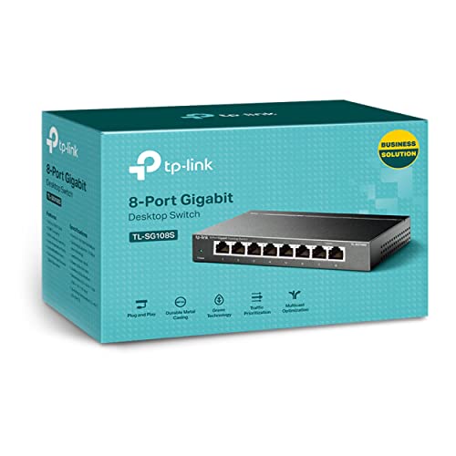 TP-Link TL-SG108S(UN) V2.0 8-Port Unmanaged Gigabit-Switch, Desktop, 10/100/1000, lüfterlos, Schwarz, Netzteil