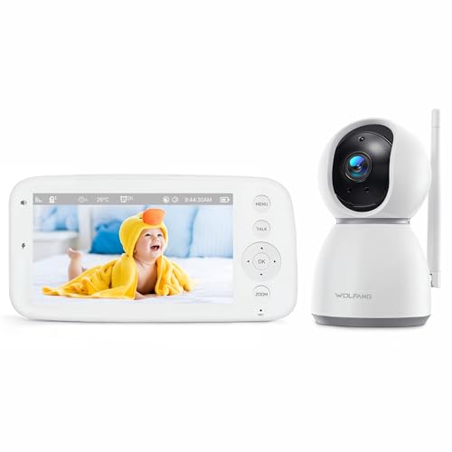 WOLFANG WB03 Video-Babyphone mit Kamera 5 Zoll, 1080P HD, Schwenk-Neige 360°/90°, Infrarot-Nachtsicht, 2-Wege-Audio, 2350 mAh Akku 20 Std., Temperatur- & Schreierkennung, kein WLAN, ca. 300 m Reichweite