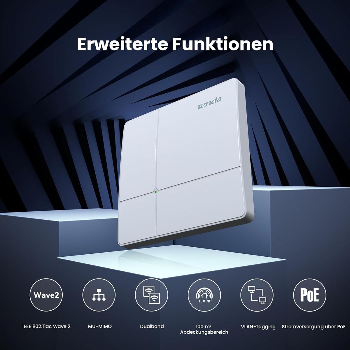 Tenda i23 AC1200 WLAN Access Point, Dualband 802.11ac, 1x Gigabit LAN, PoE+ 802.3at, verwaltbar per App & Web, Wand-/Deckenmontage, Weiß, inkl. Netzteil