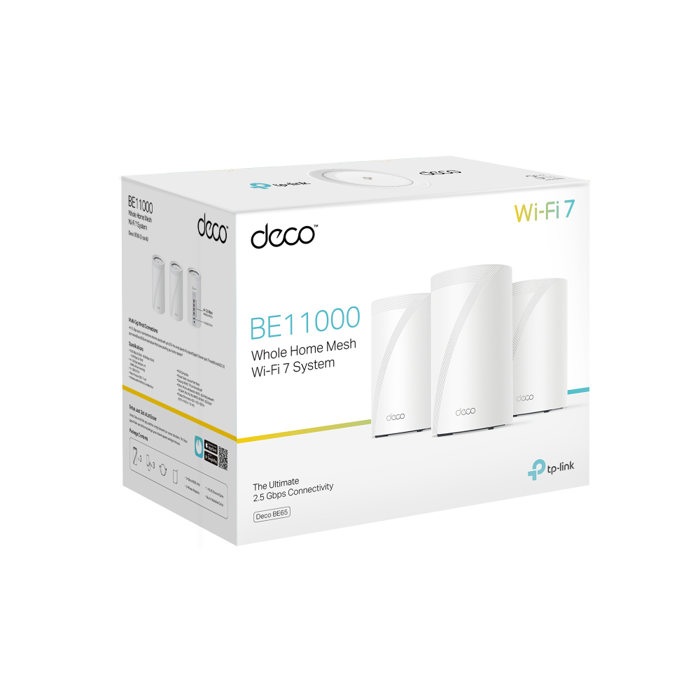 TP-Link Deco BE65 Mesh-System, 3er-Pack, Tri-Band (2,4/5/6 GHz) Wi‑Fi 7 (802.11be) 9214 Mbit/s, Weiß, EU V1.0