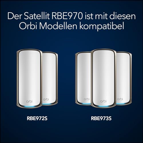 NETGEAR Orbi 970 Series Mesh-Satellit, Quad-Band WiFi 7, 11530 Mbit/s, Grau, Intern, WPA3, 3x LAN, EU