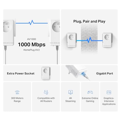 Mercusys MP500P KIT V1.0 Powerline Adapter CPL 1000 Mbit/s, 1x Gigabit LAN, Integrierter Steckverbinder Typ E (FR), HomePlug AV2, 2er-Set