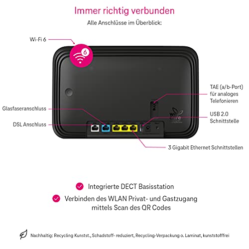 Telekom Speedport Smart 4 R Tabletop-Router mit integriertem Modem, Wi‑Fi 6 Dual-Band 6000 Mbit/s, Gigabit Ethernet, DSL-WAN, USB, Schwarz