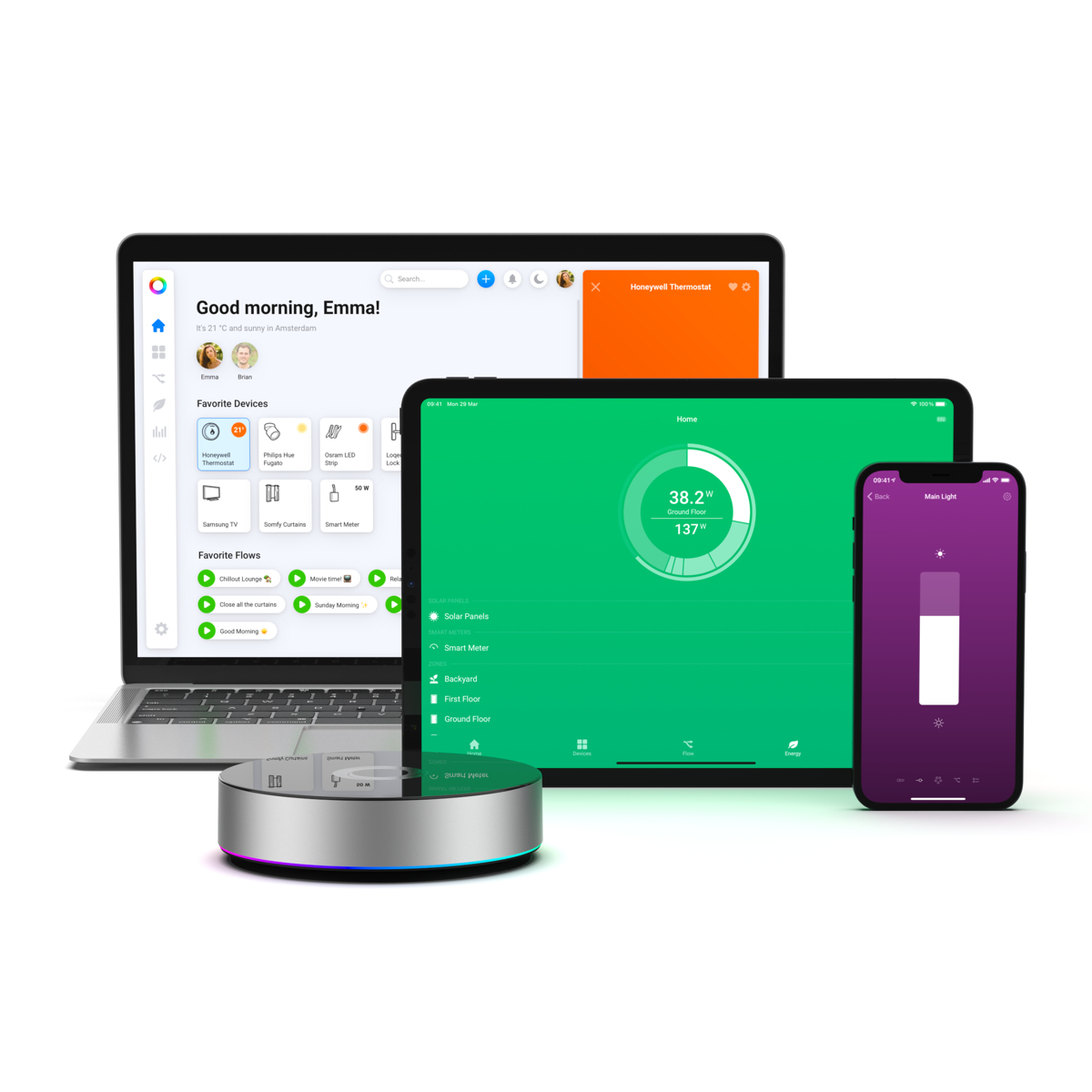 Homey HOMEY-BRIDGE-EU-01 Bridge, kabellos, WLAN, Bluetooth, ZigBee, Alexa & Google Assistant, Schwarz/Silber