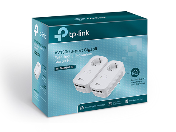 TP-Link TL-PA8030P KIT AV1300 Powerline-Kit, 1300 Mbit/s, MU-MIMO, 3x Gigabit-Ports, integrierte Steckdose, Weiß, V2.0