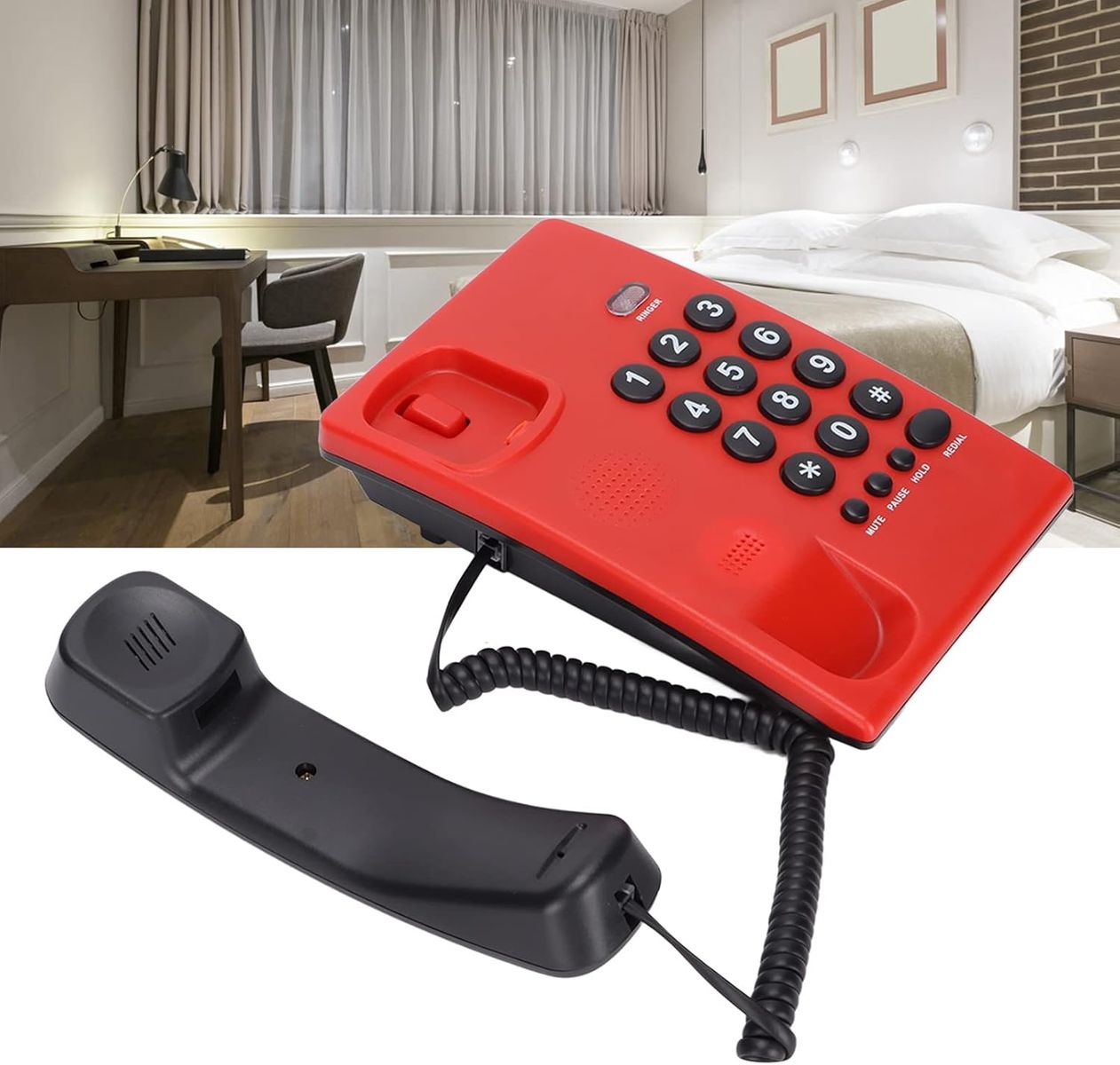 Fdit Schnurgebundenes Tischtelefon, Mehrfarbiges Festnetztelefon mit Zwei Magnetischen Hörern, Telefon mit Großen Tasten für das Home-Office-Hotel, Einschließlich Pause/Stummschaltung /(rot)