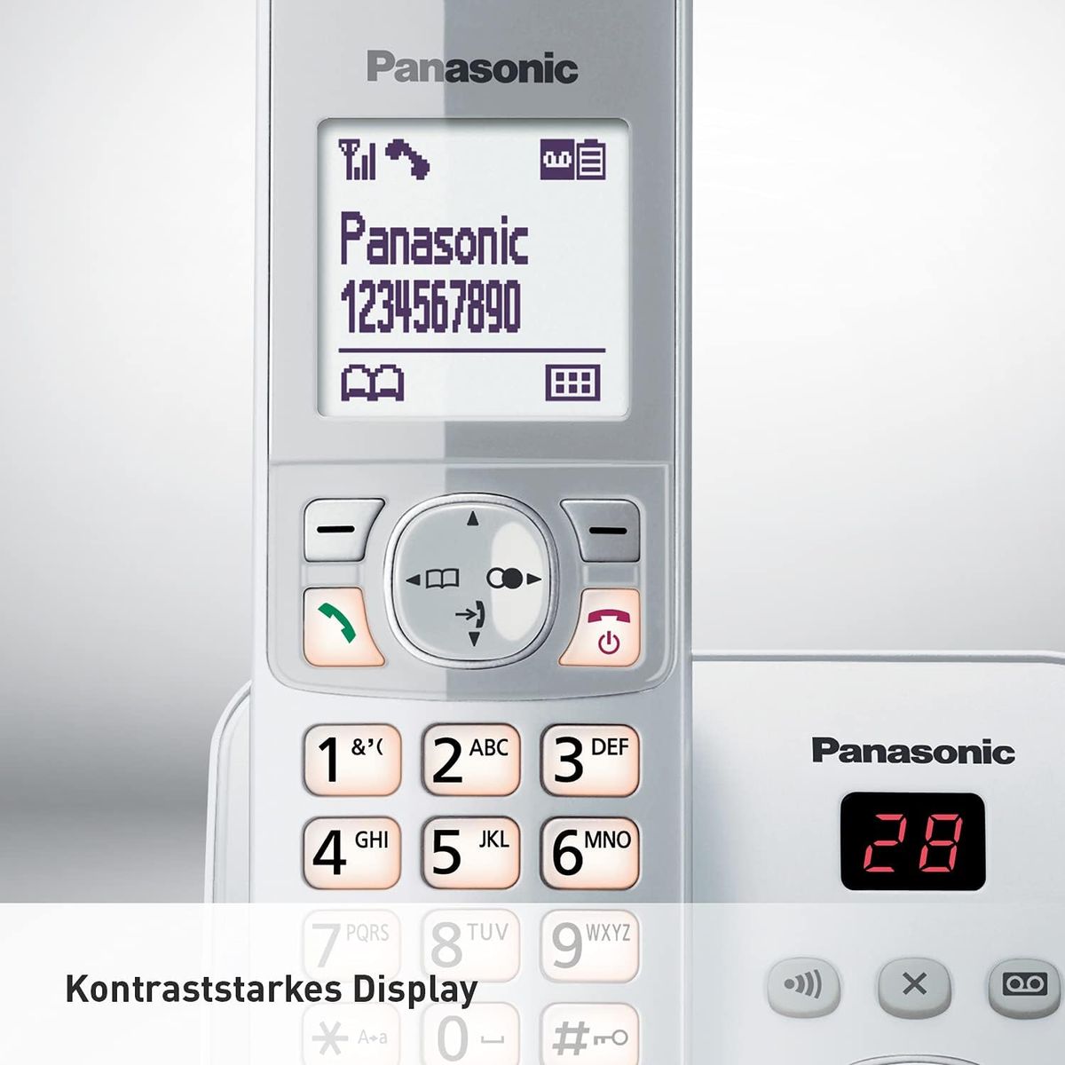 Panasonic KX-TG6863GS Schnurlostelefon mit 3 Mobilteilen, Anrufbeantworter, bis zu 1.000 Rufnummern sperren, große Tasten, Voll-Duplex-Freisprechen, Silber