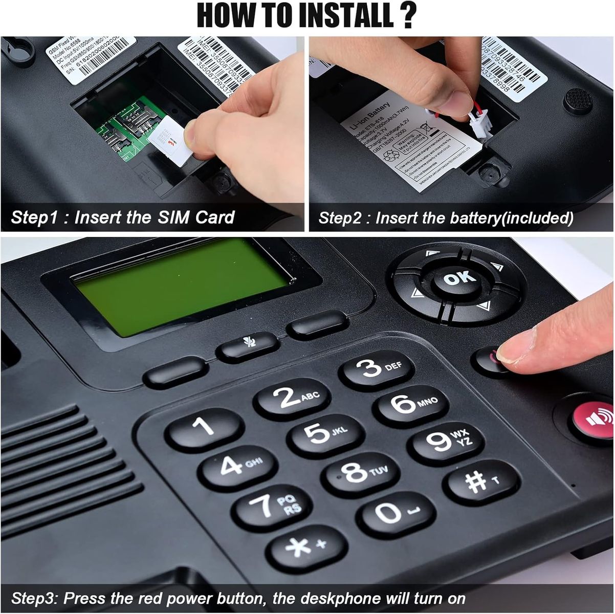 Lychee Quadband GSM Tischtelefon - Dual-SIM, Unterstützung für mehrere Sprachen(Einschließlich Deutsch),Großes Display mit Hintergrundbeleuchtung, Radiofunktion Schwarz 03