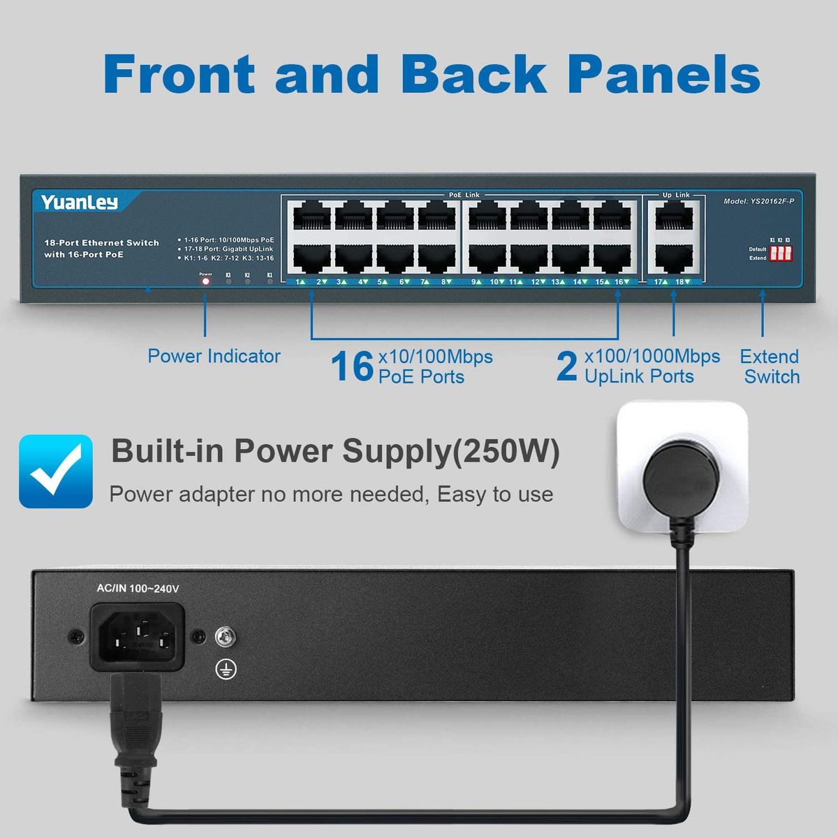 YuanLey 18 Port PoE Switch, 16 PoE+ Port 100Mbps, 2 Uplink Gigabit, 250W Integrated Power Supply, 802.3af/at, Unmanaged Rack Mount Plug and Play