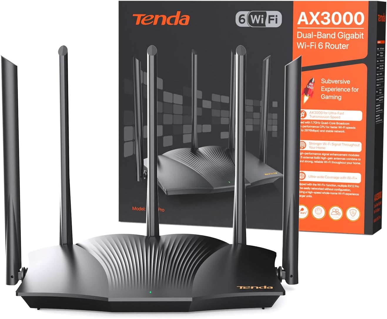 Tenda RX12 Pro Wi-Fi 6 WLAN Router(AX3000 Dualband 5GHz: 2402Mbps+2,4 GHz: 574Mbps)5*6dBi High-Gain-Antennen, Gigabit-LAN/WAN-Port, WPA3, MU-MIMO+OFDMA,WiFi+Mesh, VPN, APP, keine DSL-Funktion, Schwarz RX12 Pro|Wi-Fi 6|AX3000