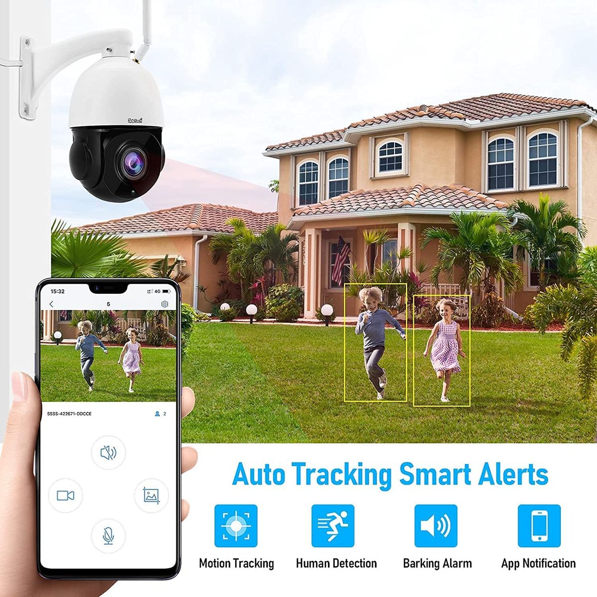 JideTech 5MP PTZ Wi-Fi Überwachungskamera Aussen 360° Dome Auto Tracking IP Kamera,20x optischer Zoom,Eingebautes Zwei Wege Audio,Humanoide Bewegungserkennung 70M IR Nachtsicht Eingebauter SD-Kartenschlitz Single