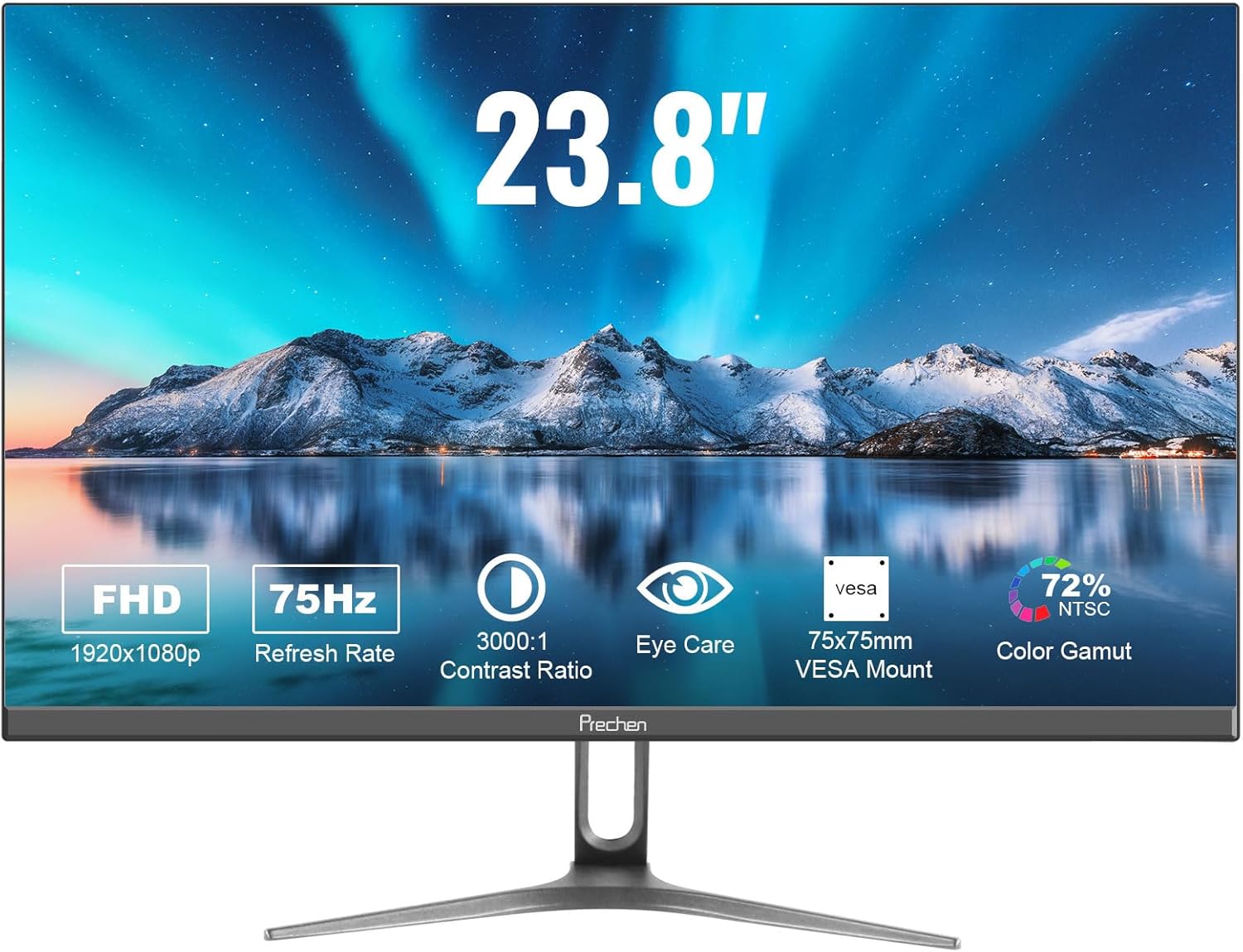 ‎Prechen 24 Zoll Ultra-Thin Bezel Computer Monitor FHD 1080P Business Monitor, LED PC Bildschirm Desktop Monitor, HDMI, VGA, 75Hz Gaming Display, 3000:1, Eye Care, VESA Mountable, Schwarz