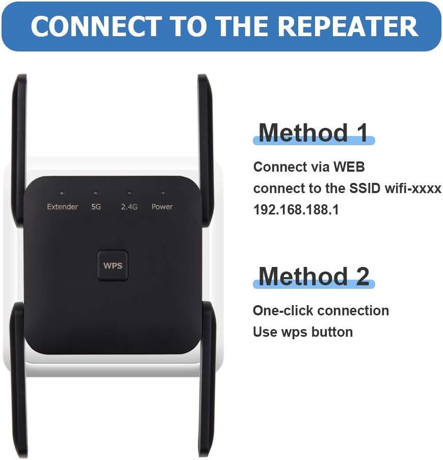 YUIN Verstärker, WLAN-Signal, Dual-Band 2,4 GHz/5 GHz, 1200 Mbps, WLAN-Netzwerk-Repeater, drahtloser Repeater mit WPS-Taste, unterstützt Ap-/Repeater-Modus, Schwarz