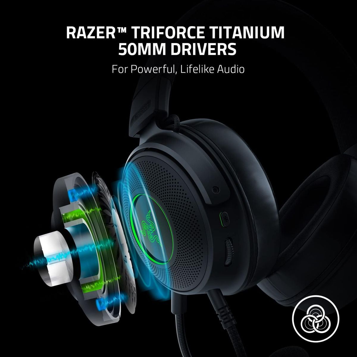 Razer Kraken V3 Kabelgebundenes USB Gaming Headset: Triforce Titanium 50mm Drivers - THX Spatial Audio - Chroma RGB Lighting - Hybrid Fabric & Leatherette Memory Foam Cushions - Detachable HyperClear Mic Black