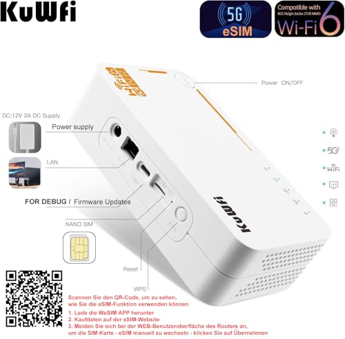 KuWFi C160 5G Mobiler WLAN-Router, AX3600 WiFi 6 Dualband, eSIM & Nano-SIM, 2.5Gbps 5G Modem, 2.5GbE Port, 4000 mAh Akku, bis 32 Geräte, EU Plug