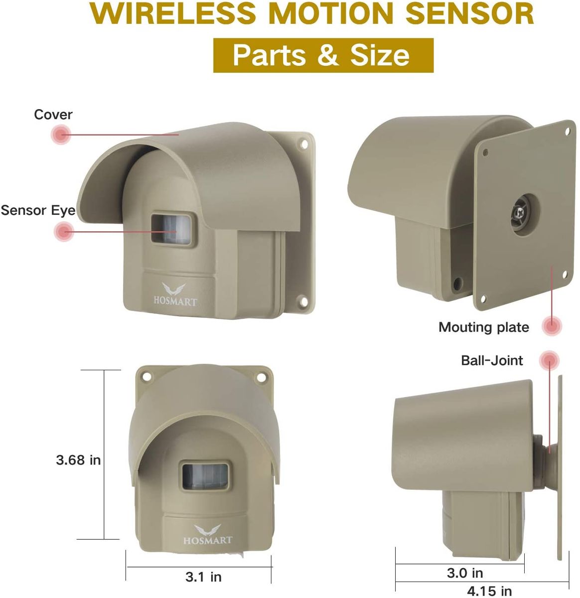 Hosmart Wireless sensor security system entry alert sensor system rechargeable 1/2 mile reception weatherproof outdoor motion sensor detector.