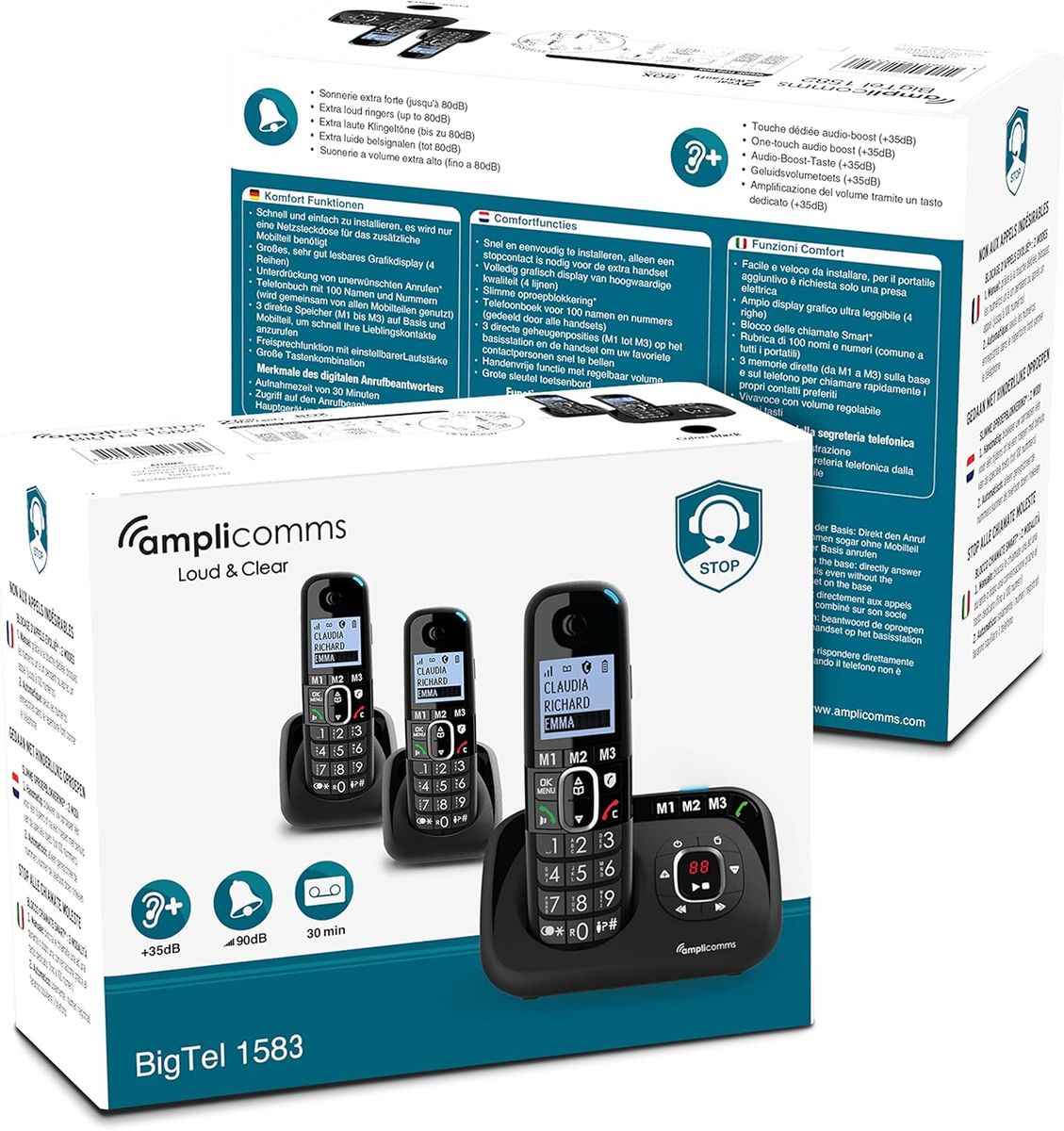 Amplicomms BigTel 1583 Trio schnurloses DECT- Großtastentelefon-Set, Anrufbeantworter, 3 Mobilteile, extra Laute Klingeltöne, Hörgerätekompatibel