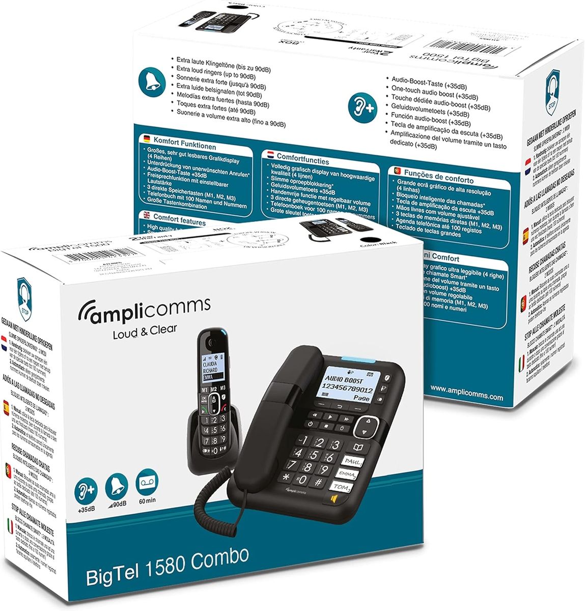 Amplicomms BigTel 1580 Kombi-Set schnurgebundenes Großtastentelefon mit schnurlosem DECT-Telefon, Anrufbeantworter, Audio-Boost, lauter Klingelton