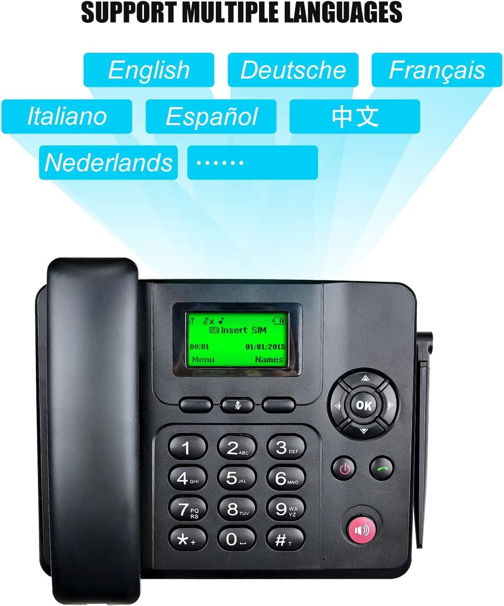 Lychee Quadband GSM Tischtelefon - Dual-SIM, Unterstützung für mehrere Sprachen(Einschließlich Deutsch),Großes Display mit Hintergrundbeleuchtung, Radiofunktion Schwarz 03