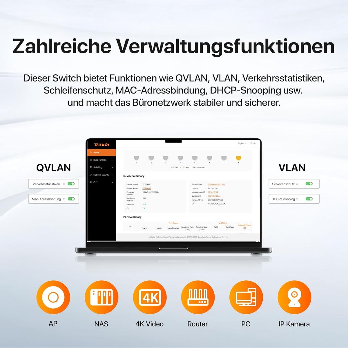 Tenda TEG208E Managed Switch 8 Port Gigabit LAN Switch (IGMP-Snooping, QoS, VLAN, DHCP- Snooping, LAG, MAC Address Binding, Lüfterlos, Energieeffizient, Metall) Netzwerk Switch LAN Verteiler Managed Switch 8 Ports