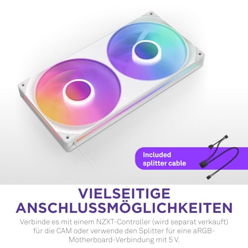 NZXT F280 RGB Core 280 mm Einzelrahmen-Lüftereinheit, 2x140 mm aRGB-Lüfter, hoher statischer Druck, 8 adressierbare RGB-LEDs pro Lüfter, Weiß