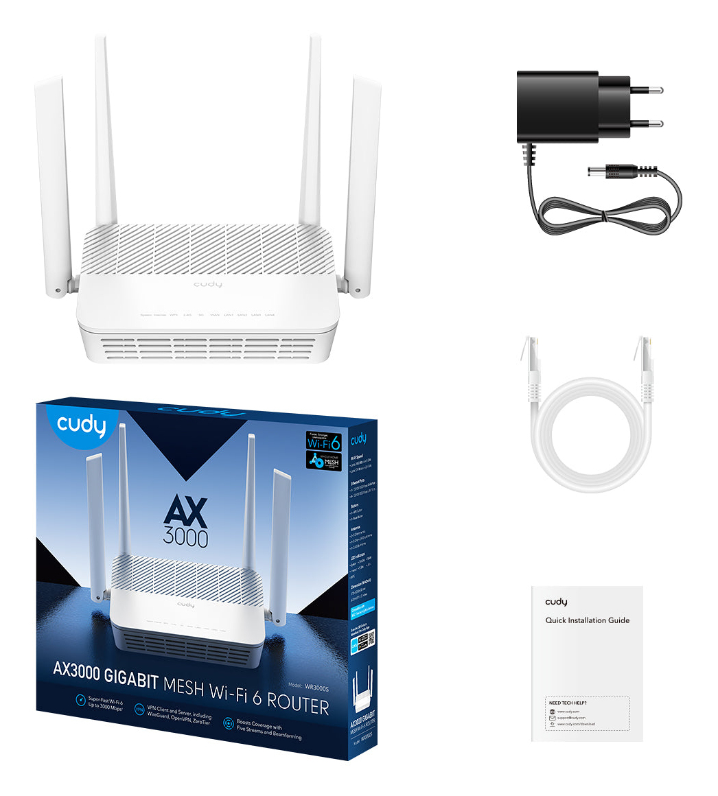 Cudy WR3000S AX3000 WLAN-Router, Dual-Band (2,4 GHz/5 GHz), Wi‑Fi 6 (802.11ax), 2976 Mbit/s, Gigabit Ethernet, 4x LAN, Weiß, EU