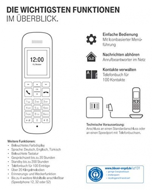 Telekom Sinus 12 in Festnetz Telefon schnurlos 5 cm Farbdisplay beleuchtete Tastatur Anschlussunabhängige Nutzung an Allen handelsüblichen Routern Standardanschlüssen