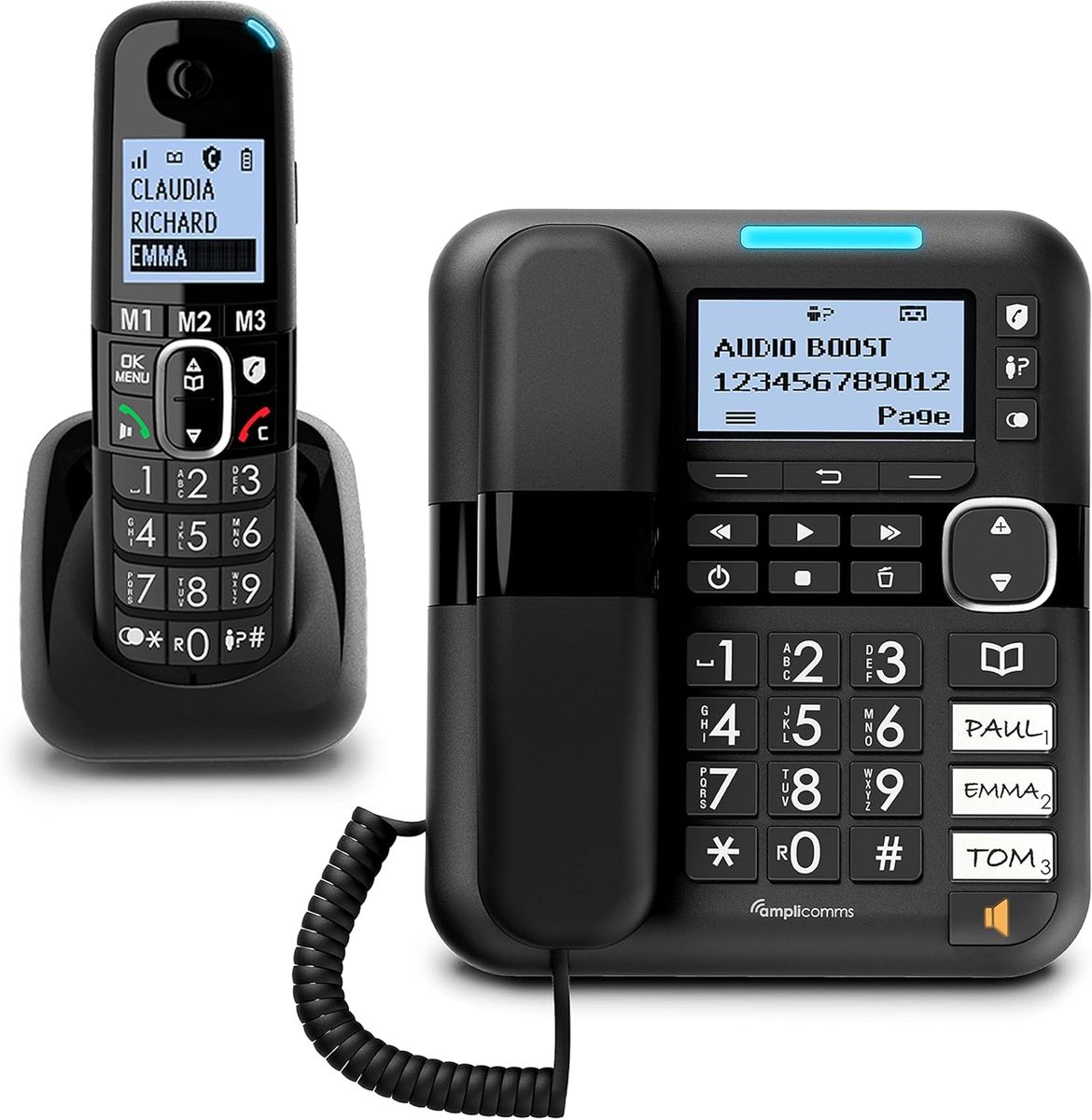 Amplicomms BigTel 1580 Kombi-Set schnurgebundenes Großtastentelefon mit schnurlosem DECT-Telefon, Anrufbeantworter, Audio-Boost, lauter Klingelton
