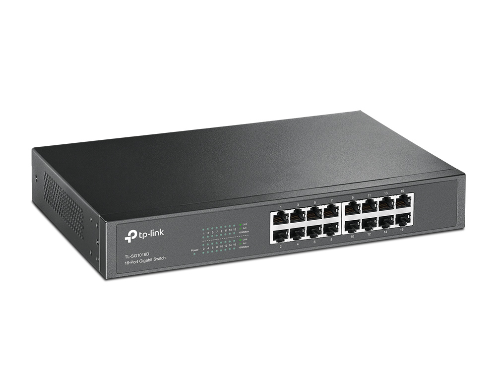 TP-Link TL-SG1016D(UN) V6.0 16-Port-Gigabit-Switch, Unmanaged, Rackmontierbar, AC-Netzteil, 16x RJ45 10/100/1000, Energieeffizient, Schwarz