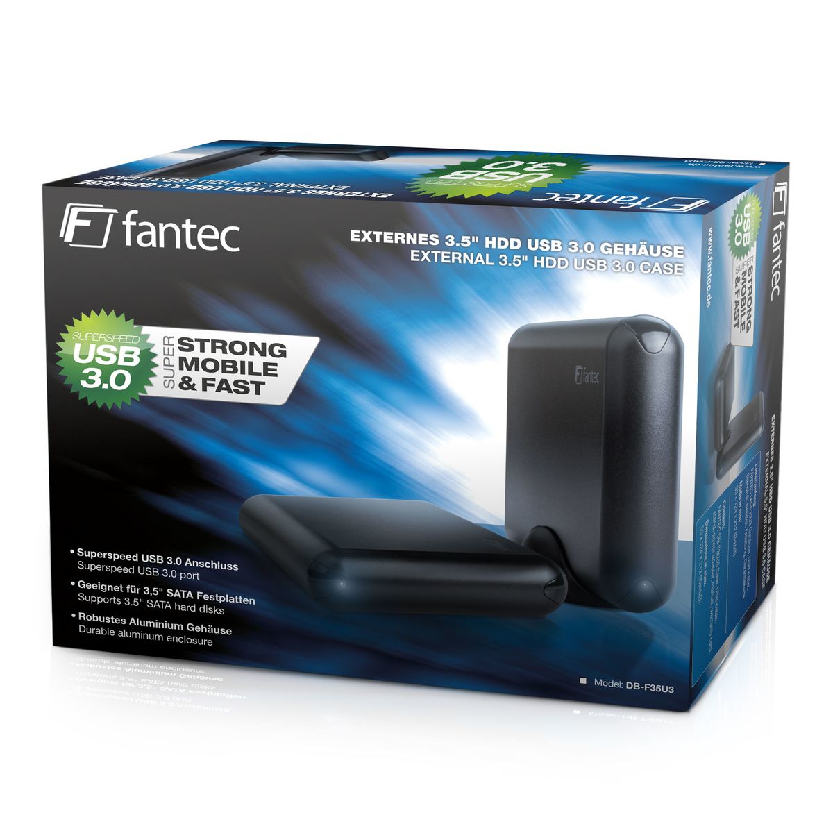 Fantec DB-F35U3 3.5" HDD-Gehäuse, extern, USB 3.0 (5 Gbit/s), SATA III, Aluminium, Schwarz, mit 12 V Netzteil