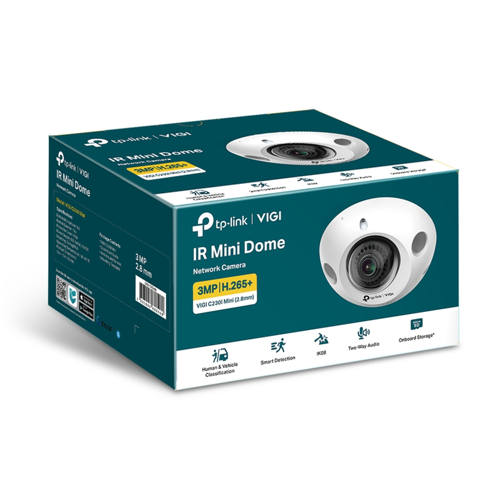 TP-Link VIGI C230I Mini 2.8 mm V1.0 Dome IP-Sicherheitskamera, Innen & Außen, PoE, 3 MP (2304 x 1296), Nachtsicht 30 m, IK08, Weiß