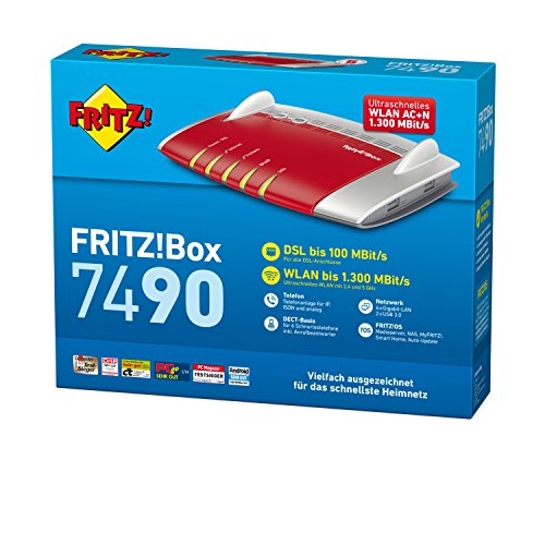 FRITZ!Box 7490 VDSL/ADSL WLAN AC+N Router, 1,3 Gbit/s (5 GHz) / 450 Mbit/s (2,4 GHz), DECT‑Basis, Media Server