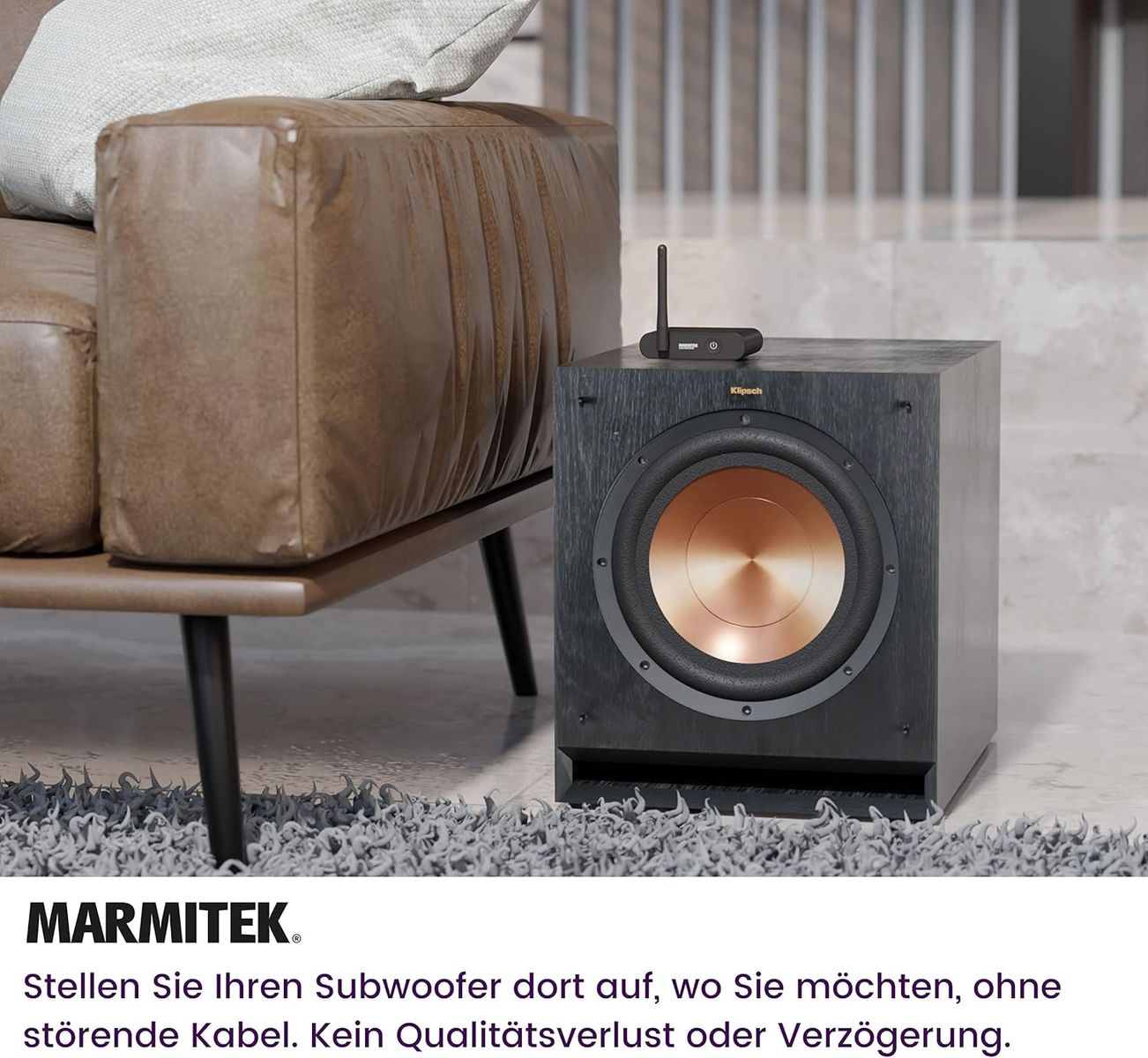 Marmitek WS400 Funk-Subwoofer Transmitter & Receiver, Kabellose Subwoofer-Übertragung (LFE), 3,5mm Klinke/RCA, Plug & Play, EU