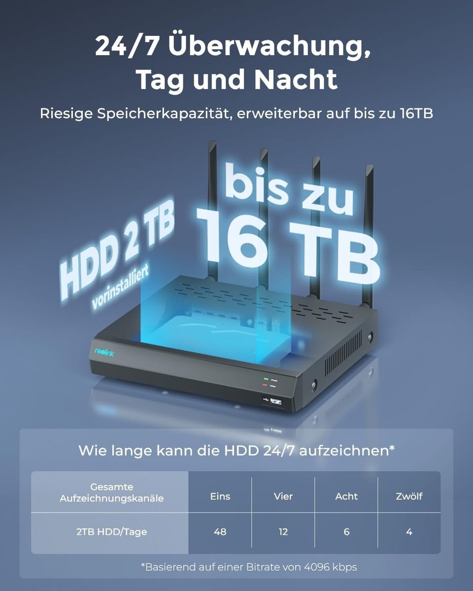 Reolink RLN12W 12CH WLAN NVR, Wi-Fi 6, Integrierte 2 TB HDD, 2,4/5 GHz, Für Reolink WLAN- & Akku-Kameras, Keine PoE-Ports, 24/7 Aufzeichnung, Schwarz