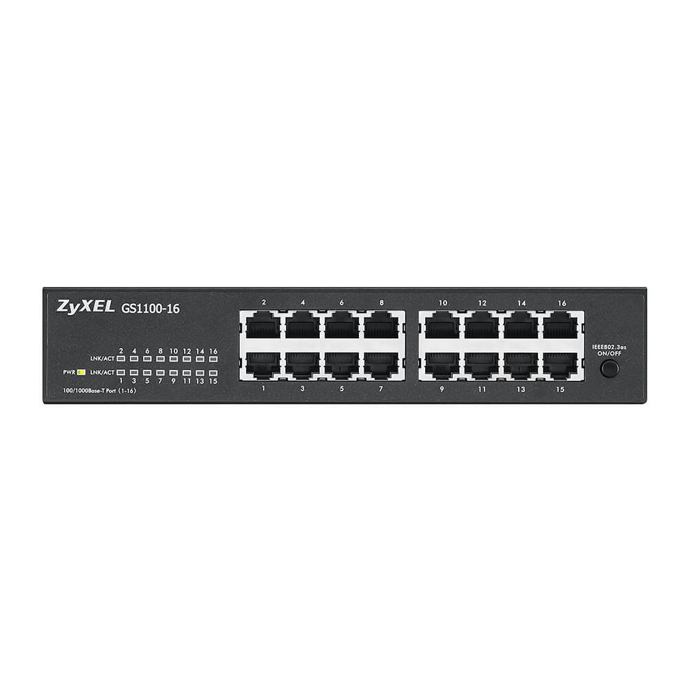 Zyxel GS1100-16 Unmanaged Gigabit Switch, 16x RJ45 10/100/1000, Fanless, Rack-Einbau, 32 Gbit/s, 8000 MAC-Adressen